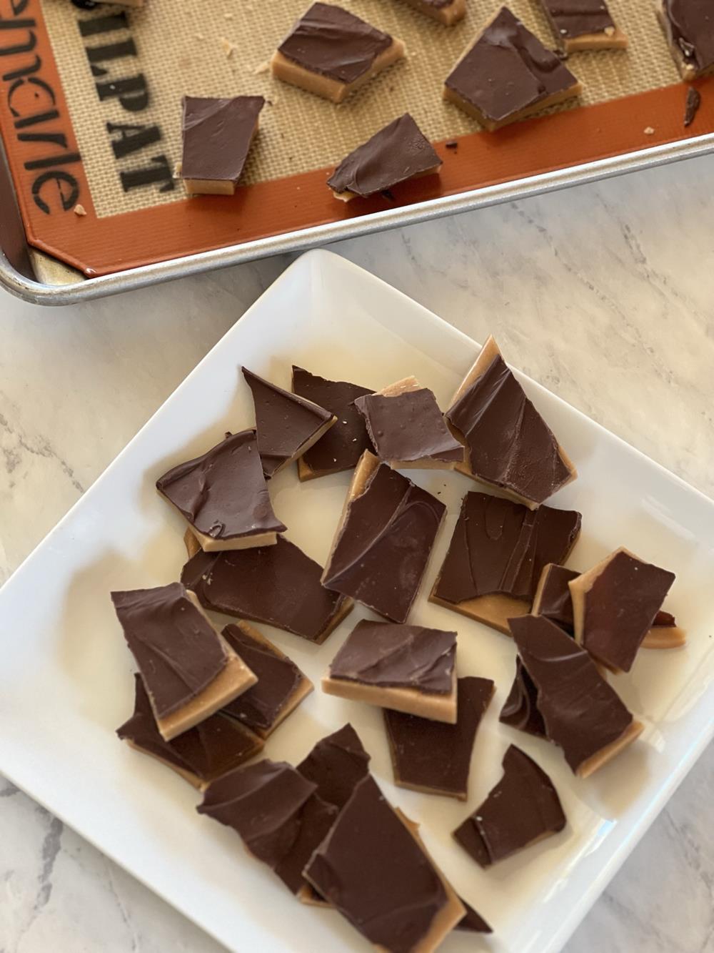 heath bar pieces on white plate