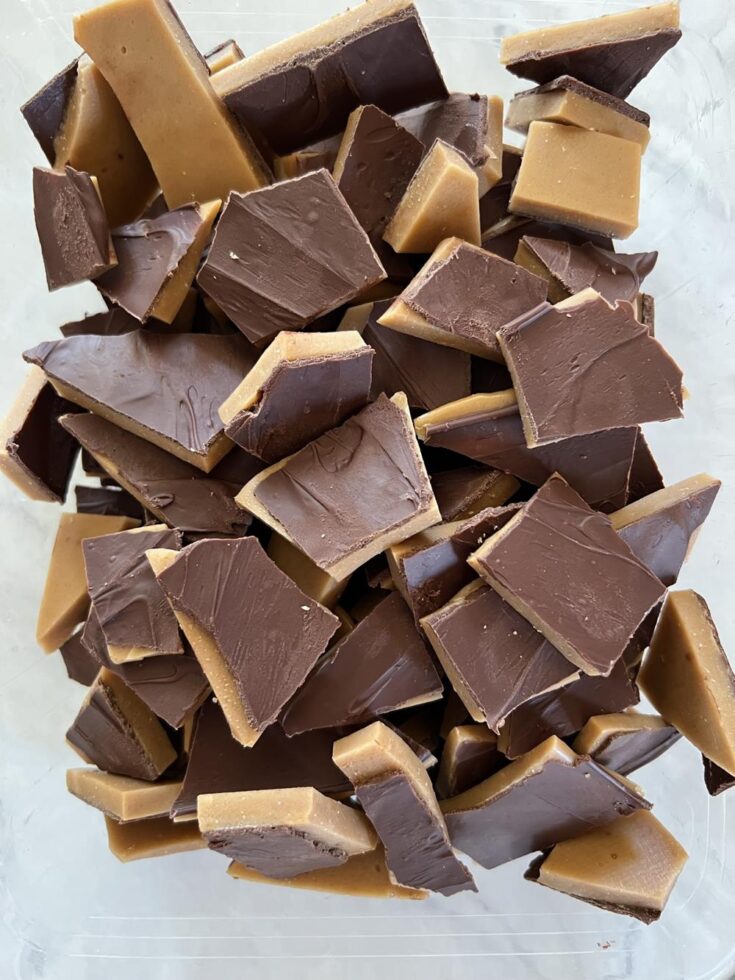 heath bar pieces in glass pan