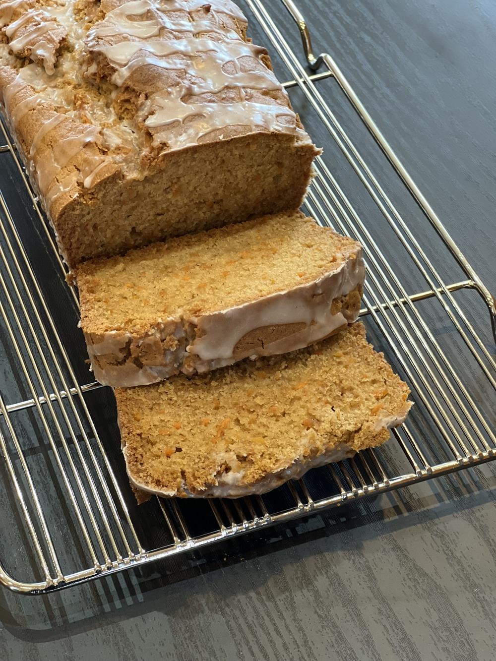carrot bread slices on cooling rack