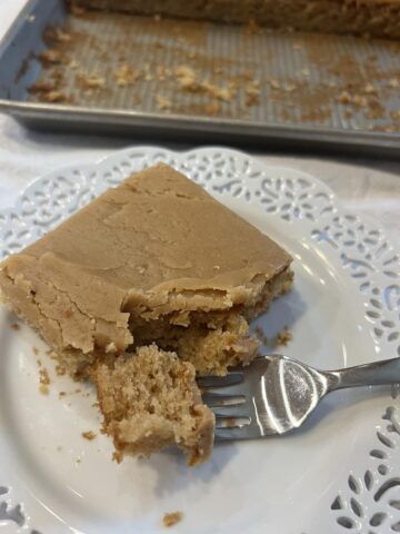 Peanut Butter Sheet Cake on a white plate