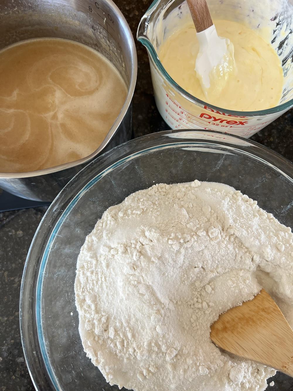 Peanut Butter Sheet Cake Ingredients in glass bowls