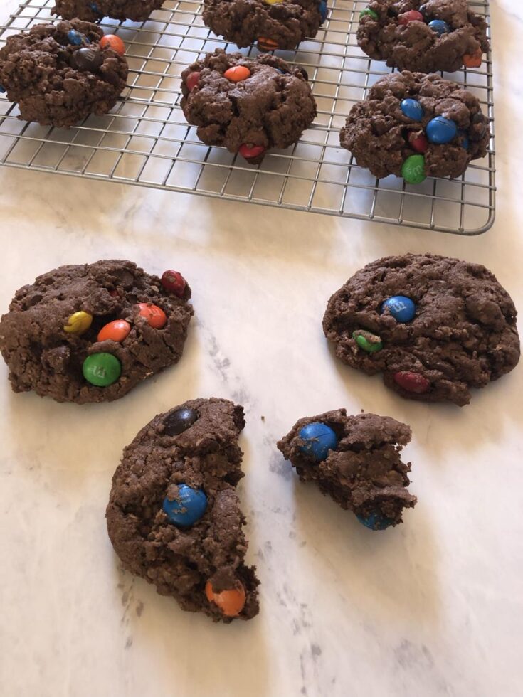 chocolate cowboy cookies on a marble