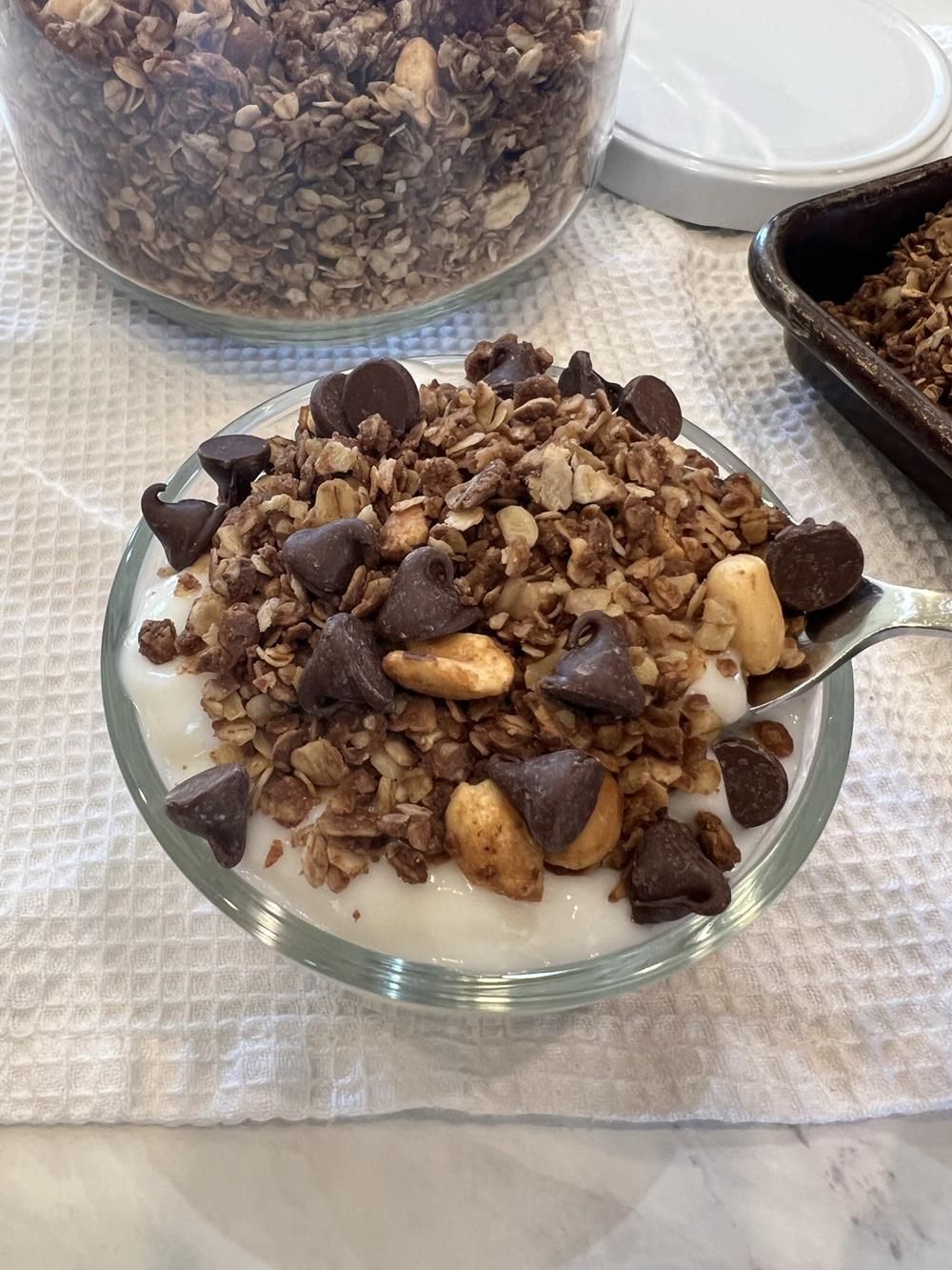 homemade peanut butter chocolate granola in a bowl with yogurt