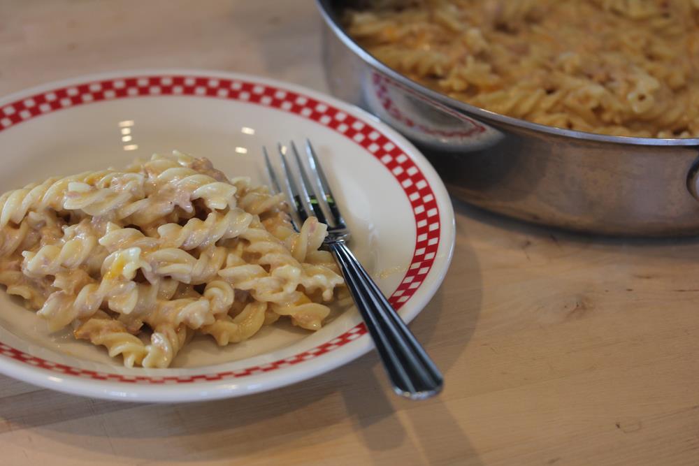 Homemade Tuna Helper Recipe on red and white plate