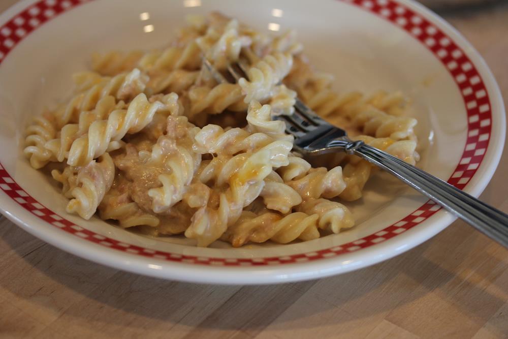 tuna helper with cheese on red and white plate