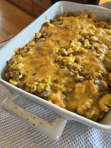 breakfast casserole in white dish on kitchen counter