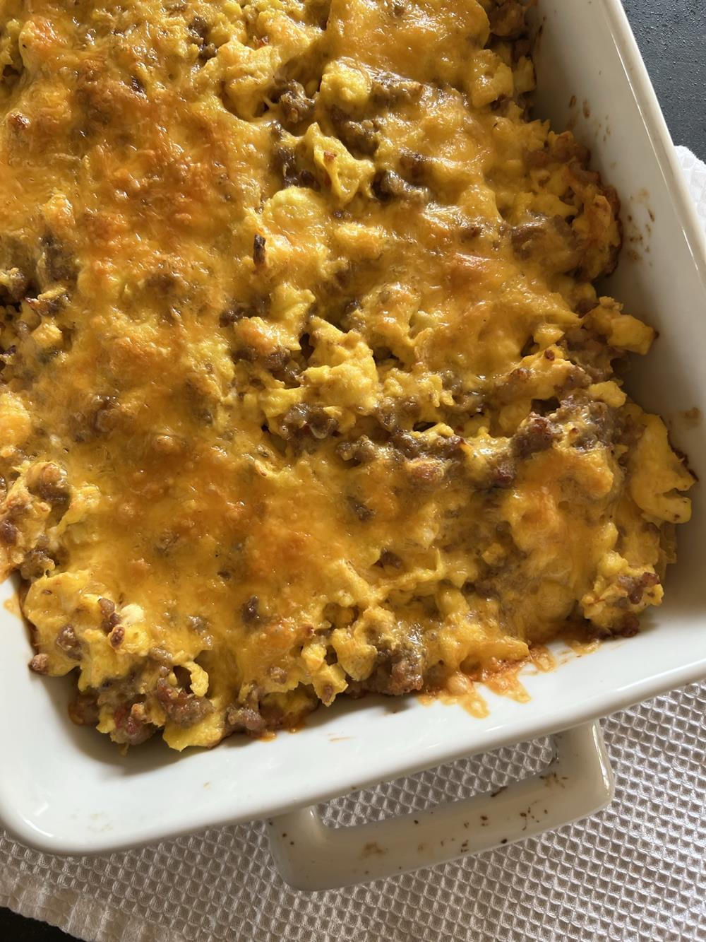 baked Mexican breakfast casserole in white casserole dish