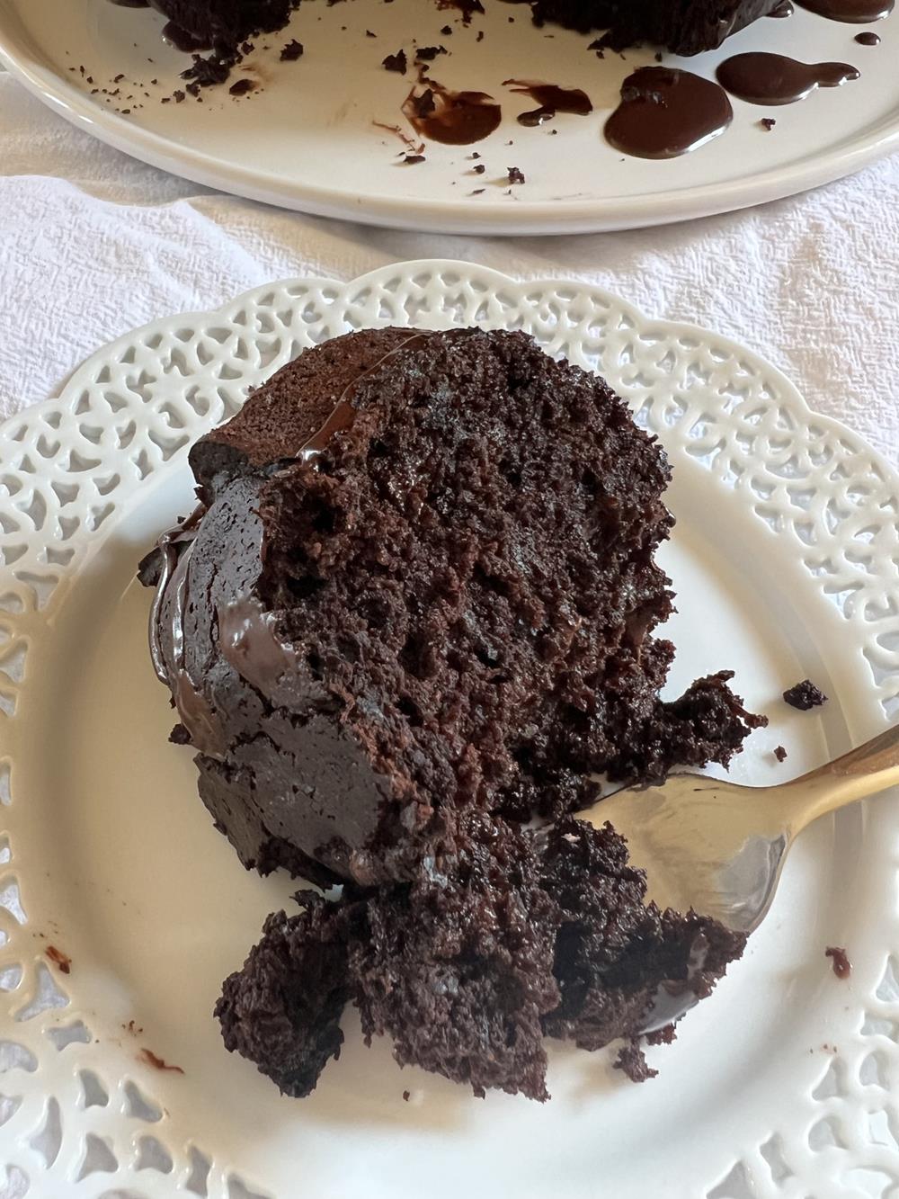 Gluten Free Chocolate Zucchini Bundt Cake on white plate with fork