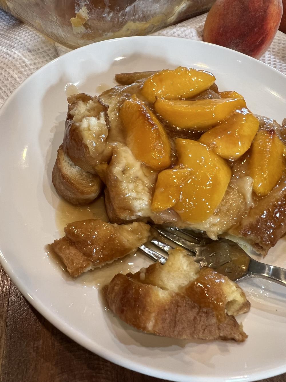 peach french toast on white plate