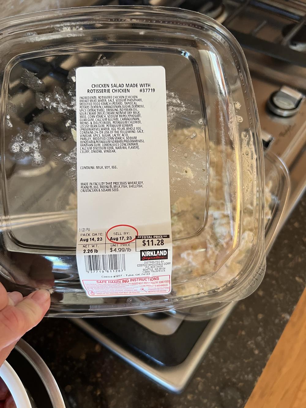Costco chicken salad in a clear plastic container