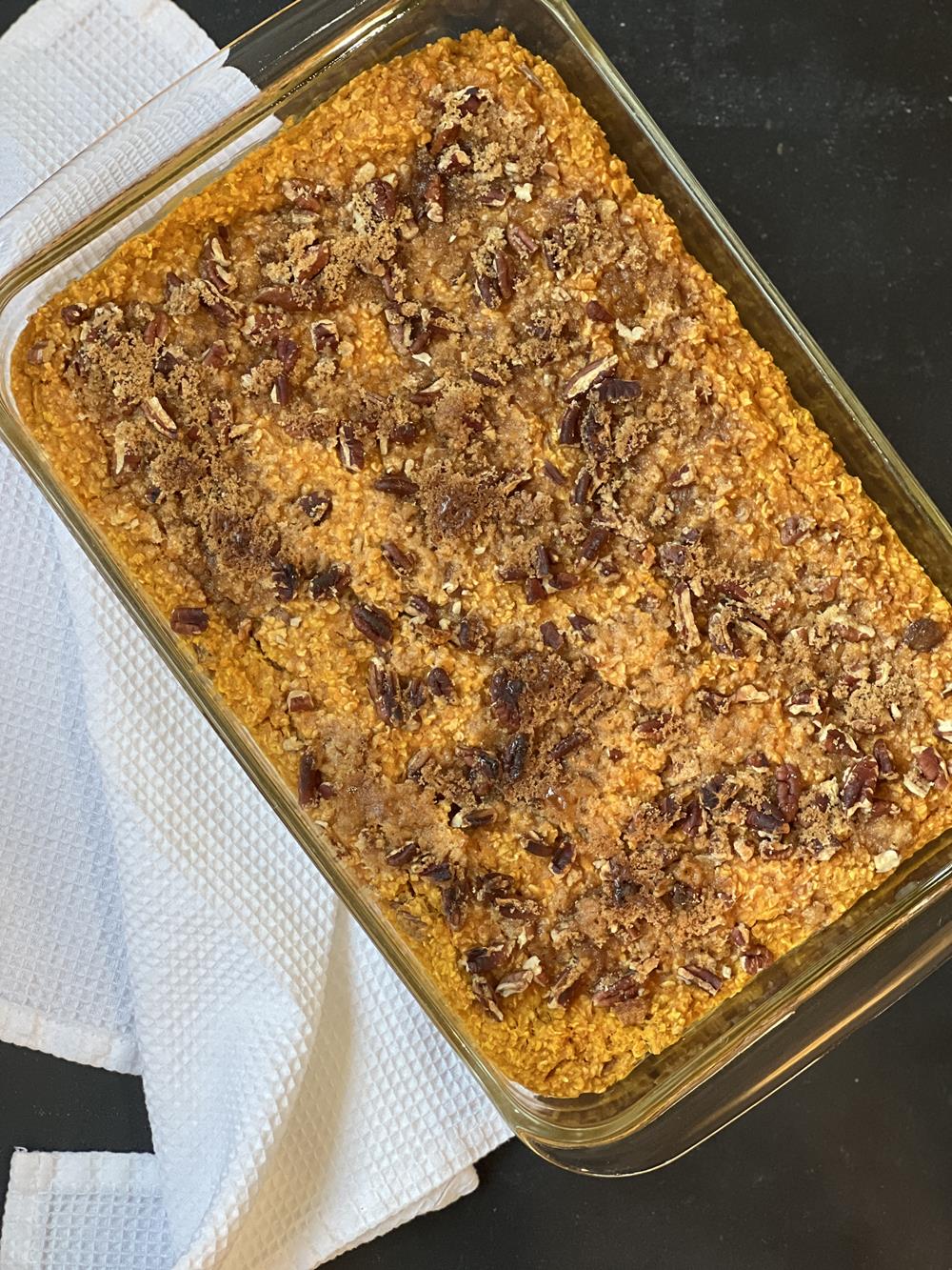 Pumpkin Pecan Baked Oatmeal in glass dish