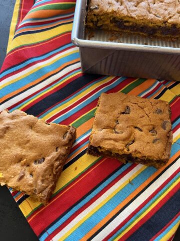 Gluten Free Pumpkin Chocolate Chip Bars Recipe on striped napkin