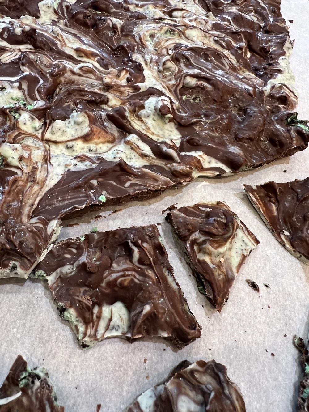 Mint Chocolate Cookie Bark on parchment paper