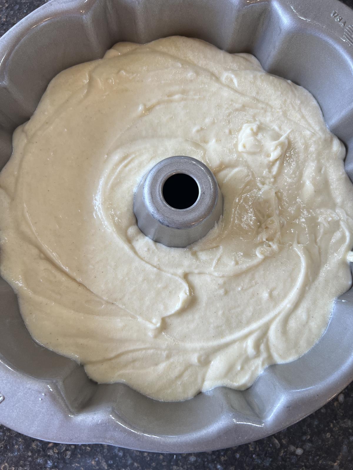 pound cake batter in Bundt pan