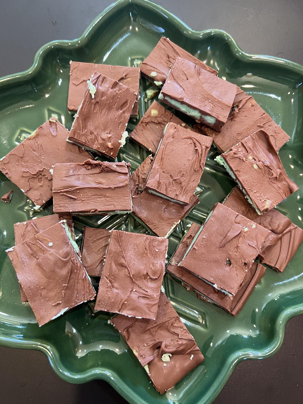 homemade chocolate mint candy on green Christmas plate