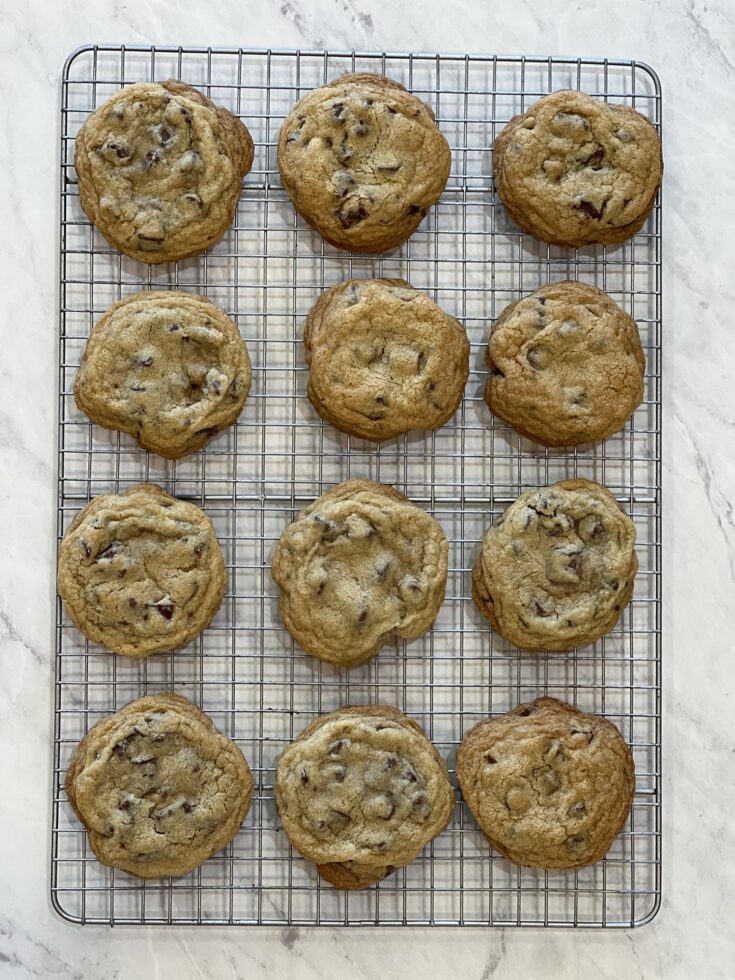 Chocolate chunk cookies on cooling rack