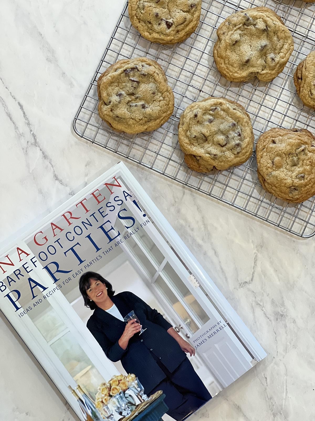 Barefoot Contessa Cookbook and chocolate chunk cookies on cooling rack