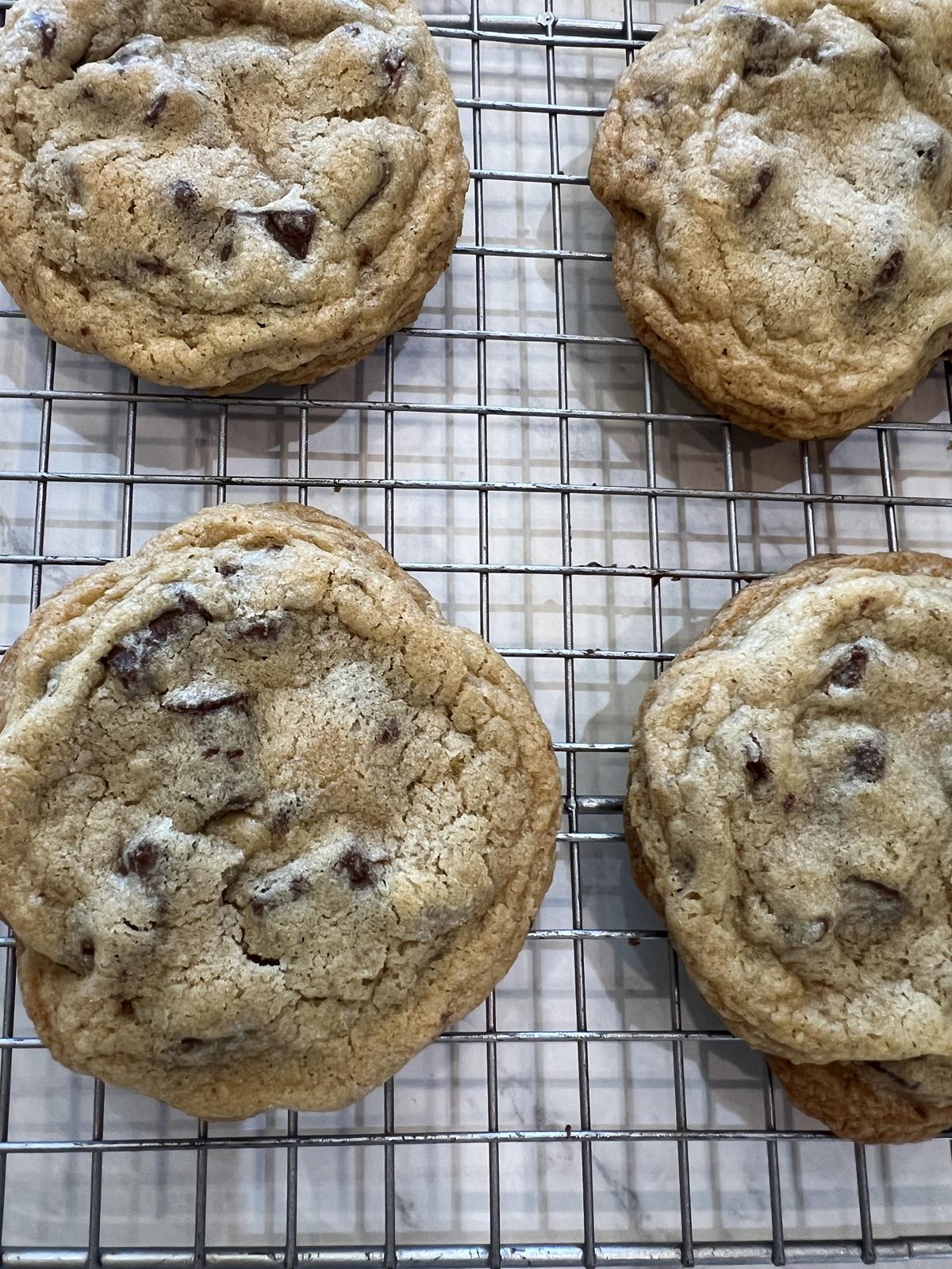 Ina Garten chocolate chip cookies on cooling rack