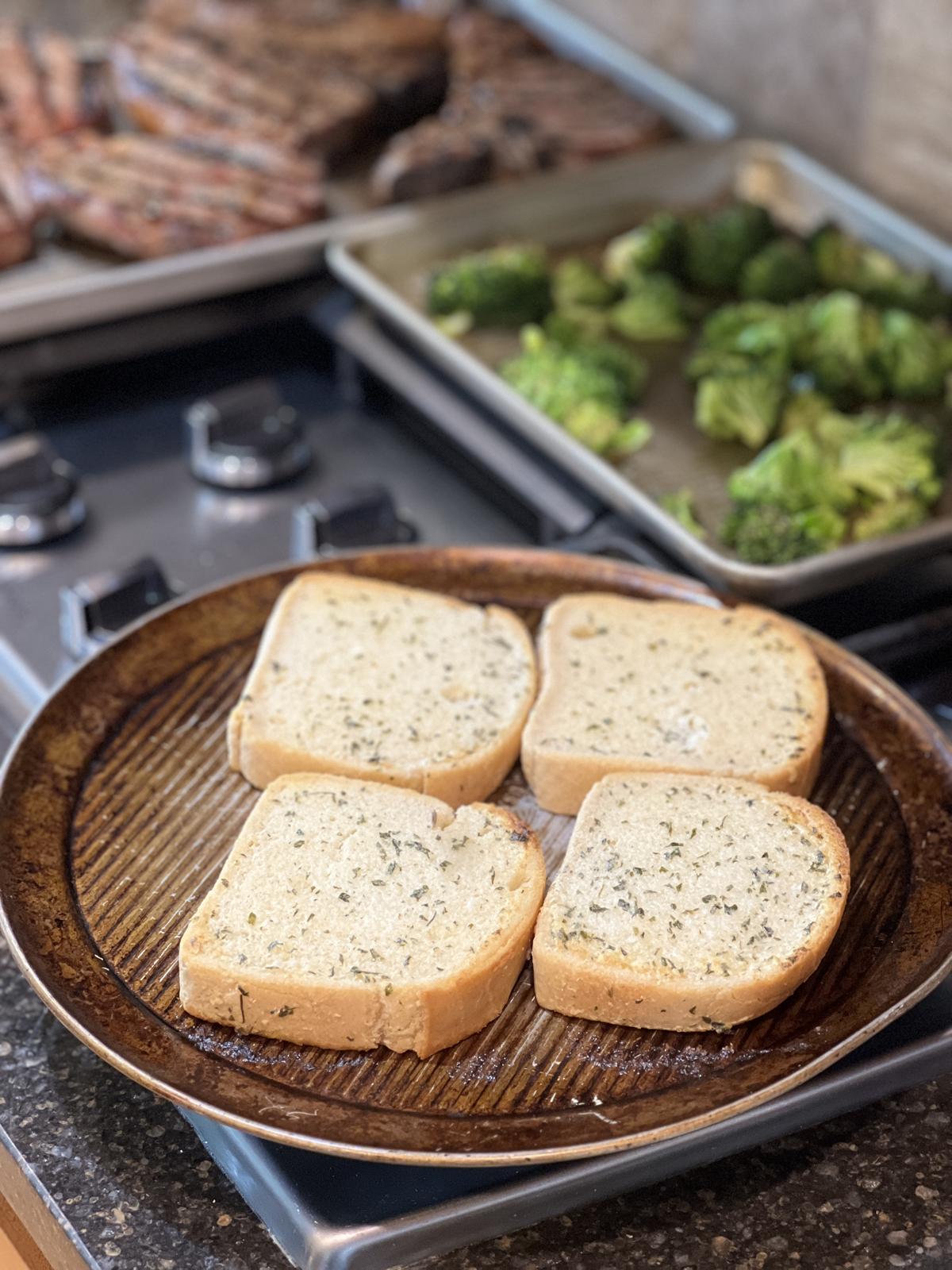 gluten free Texas toast broccoli and steak on stove top