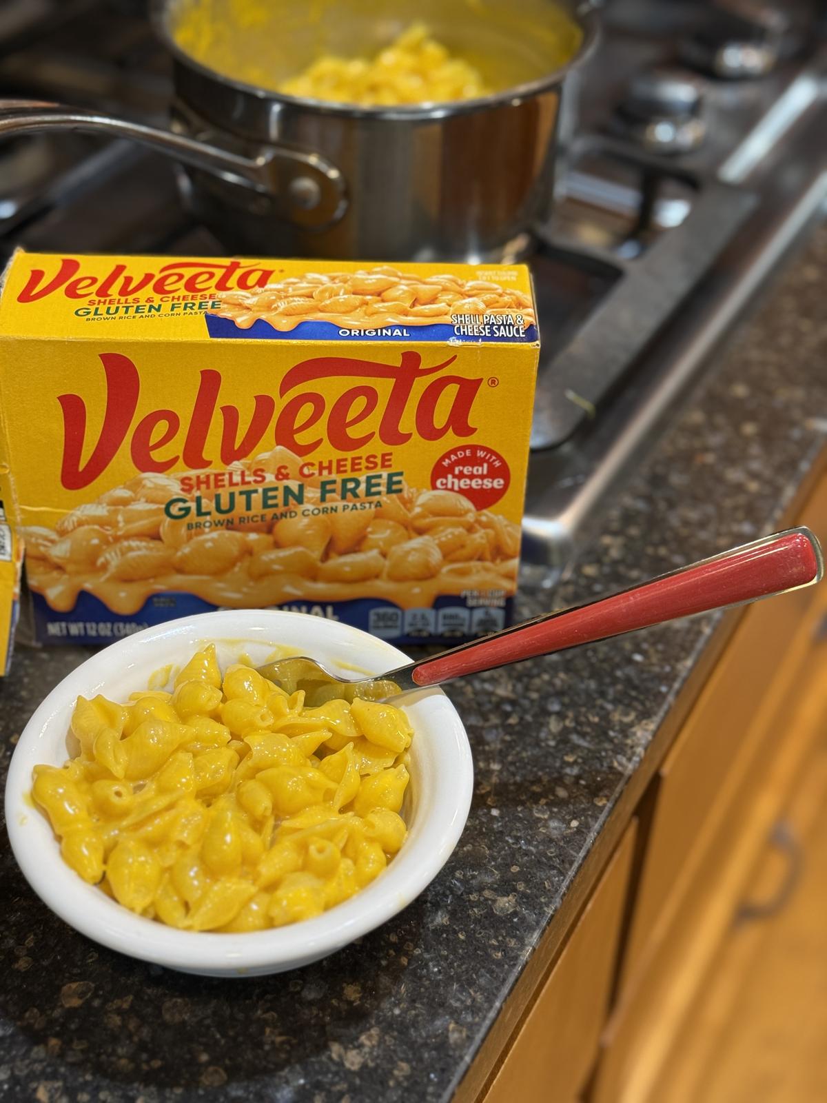 Gluten Free Velveeta mac and cheese in pan and in a white bowl