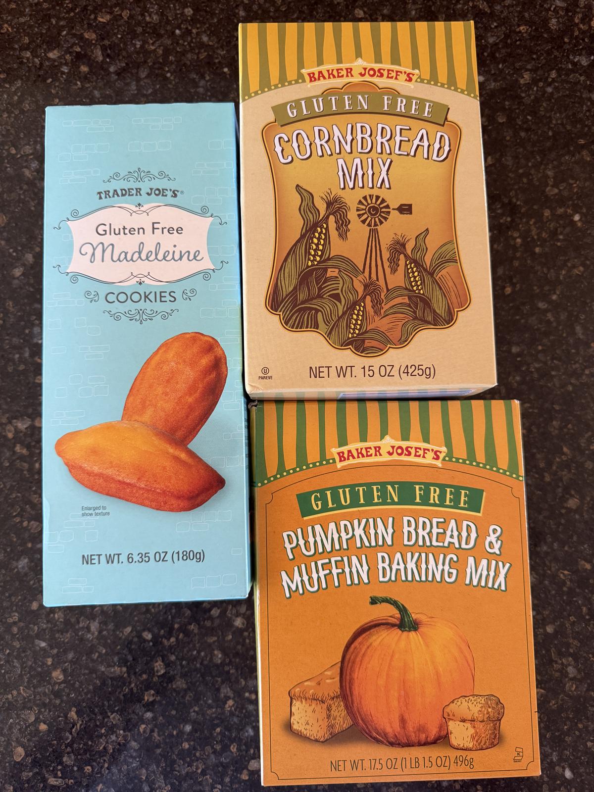 trader joes cornbread mix, baking mix and madeleine