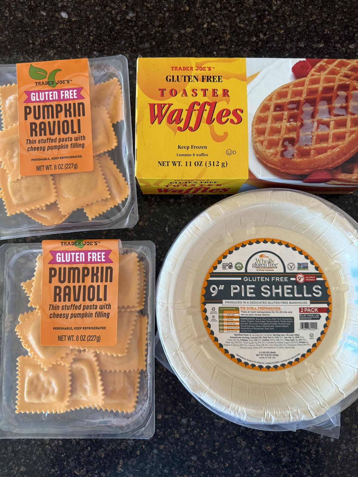 trader joes gluten free pie crust, waffles, and ravioli