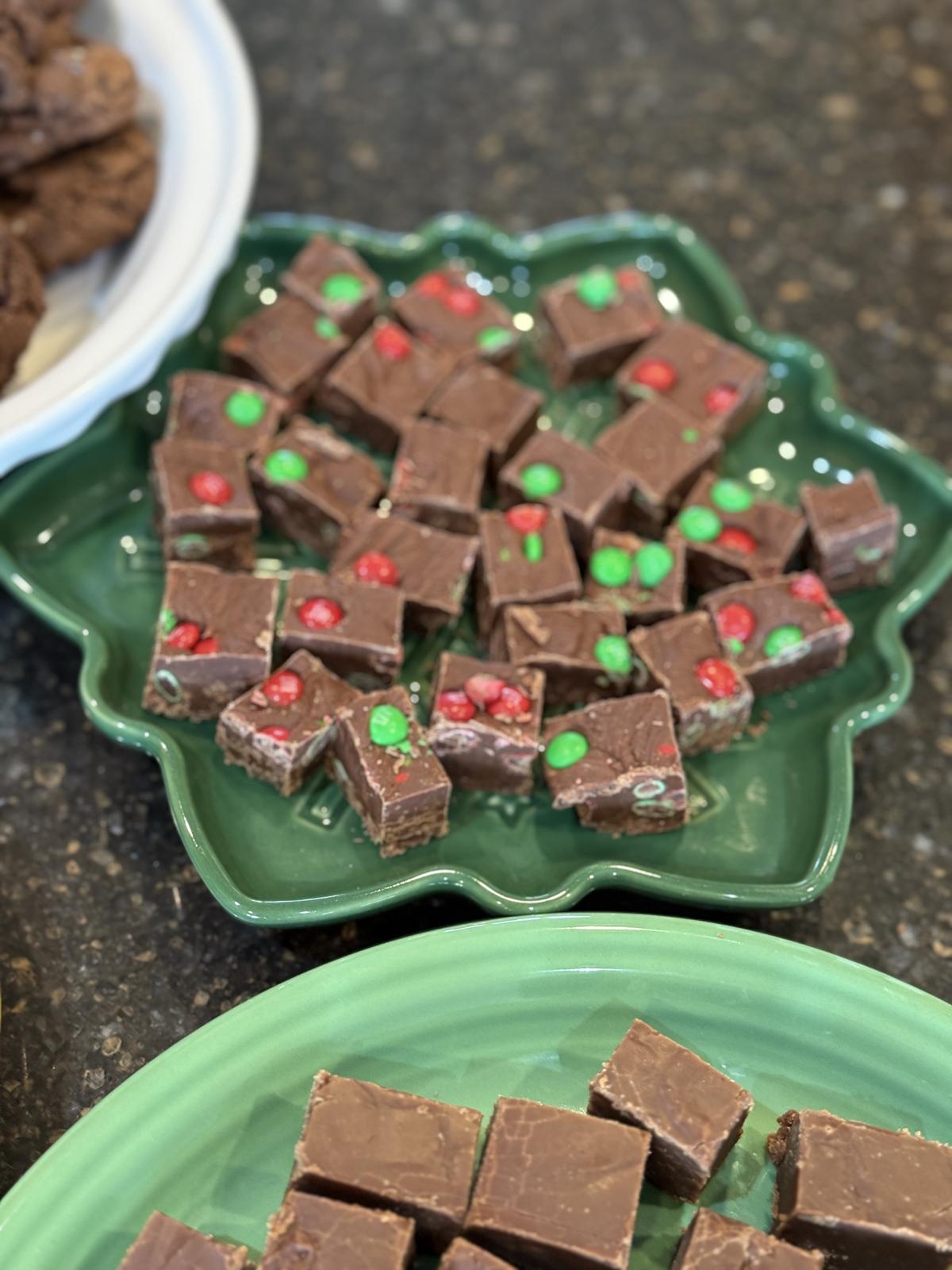 Christmas Party 2025 M&M Fudge on green plate