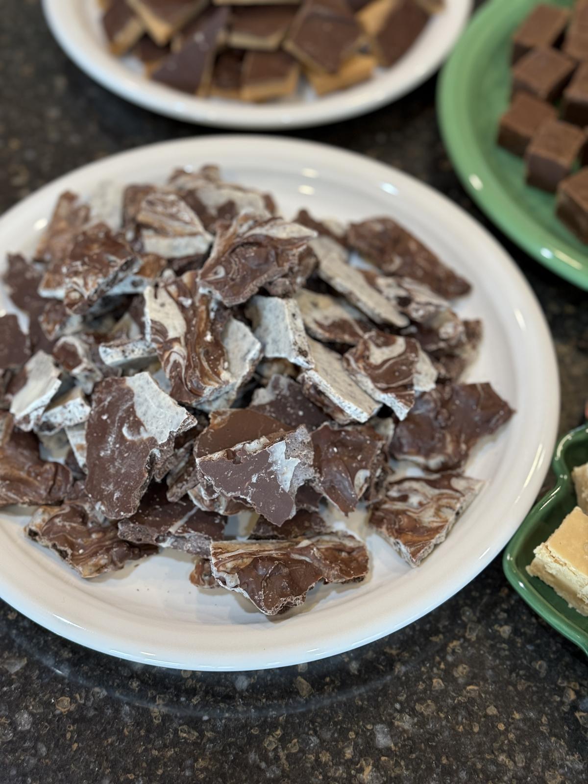 Christmas Party 2025 Oreo Bark on white plate