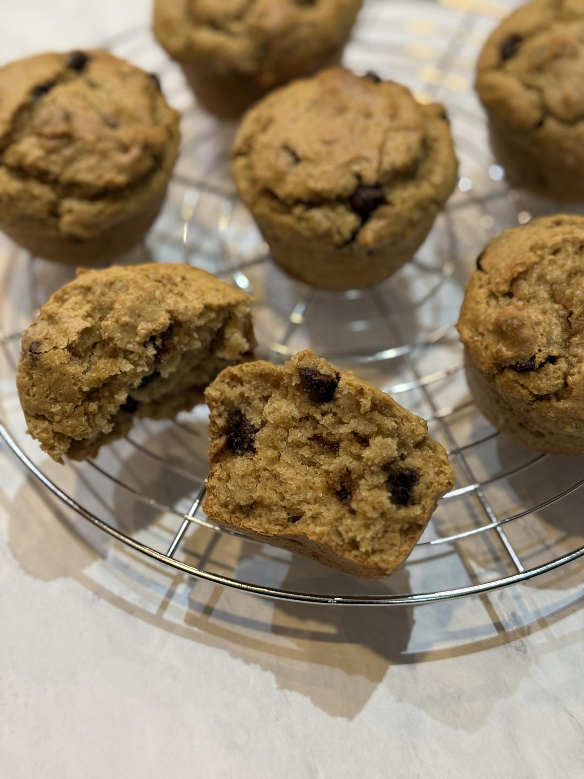Leftover Oatmeal Peanut Butter Muffins with Chocolate Chips on cooling rack
