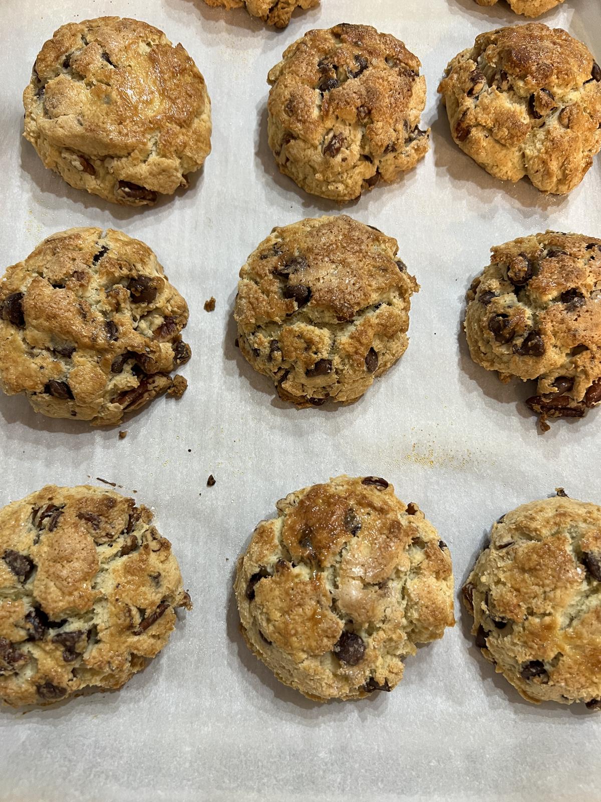 chocolate chip pecan scones baked on parchment paper