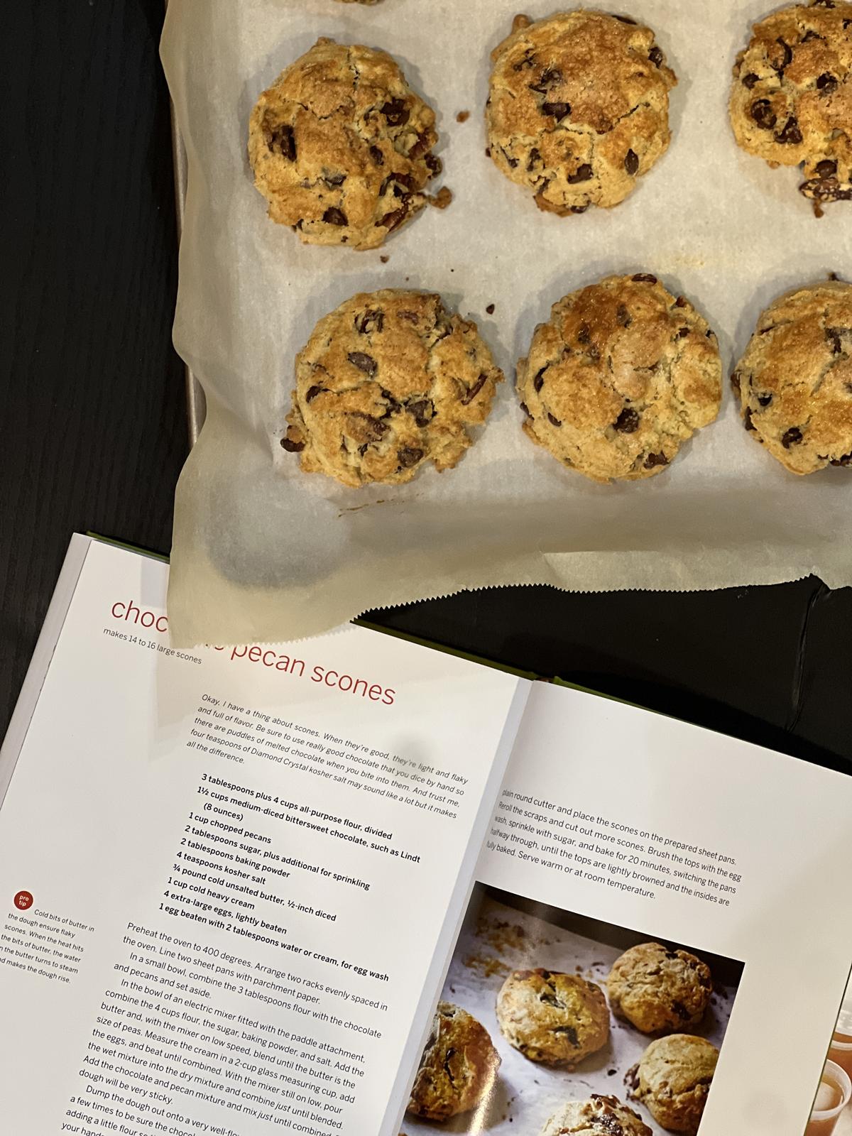 Chocolate chip scones and cookbook page