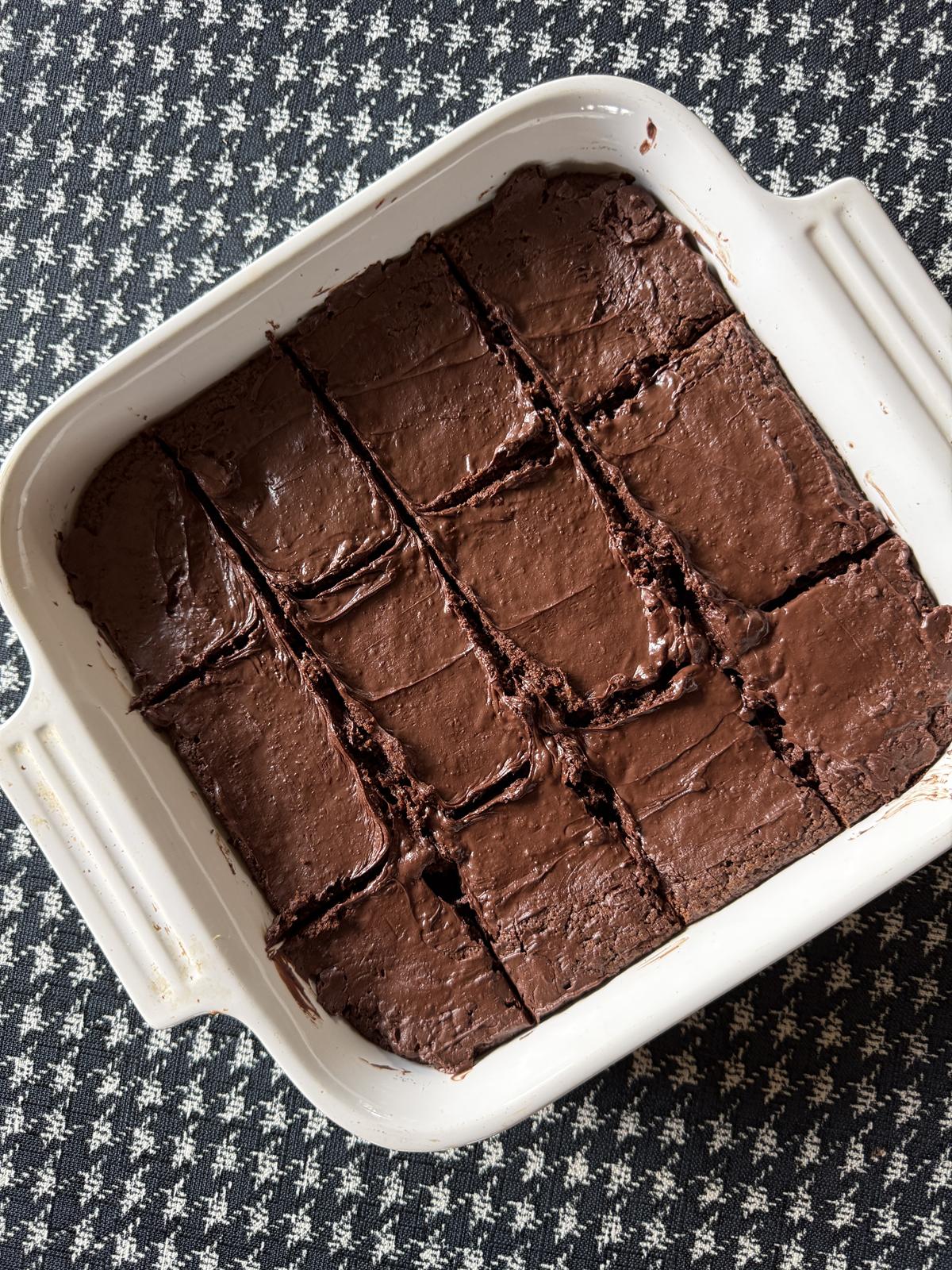 Gluten Free Fudge Cake Brownie in white pan