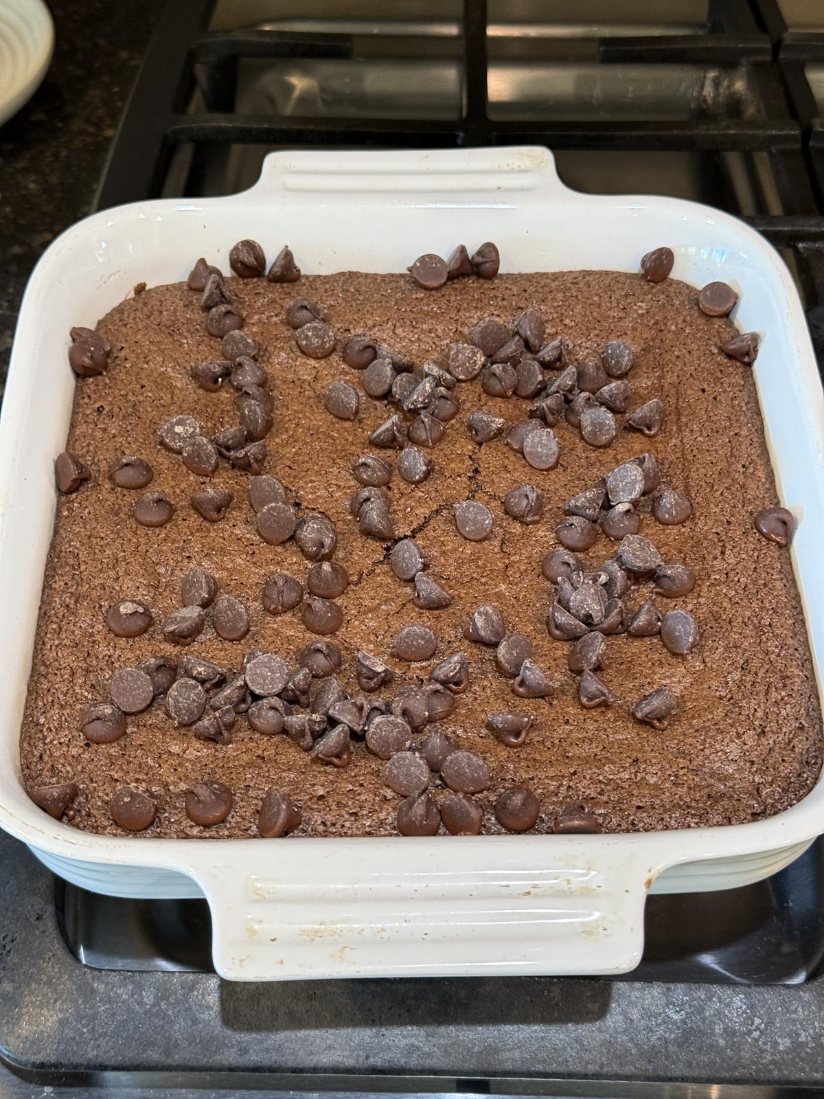 gluten free cake brownies in white pan with chocolate chips on top