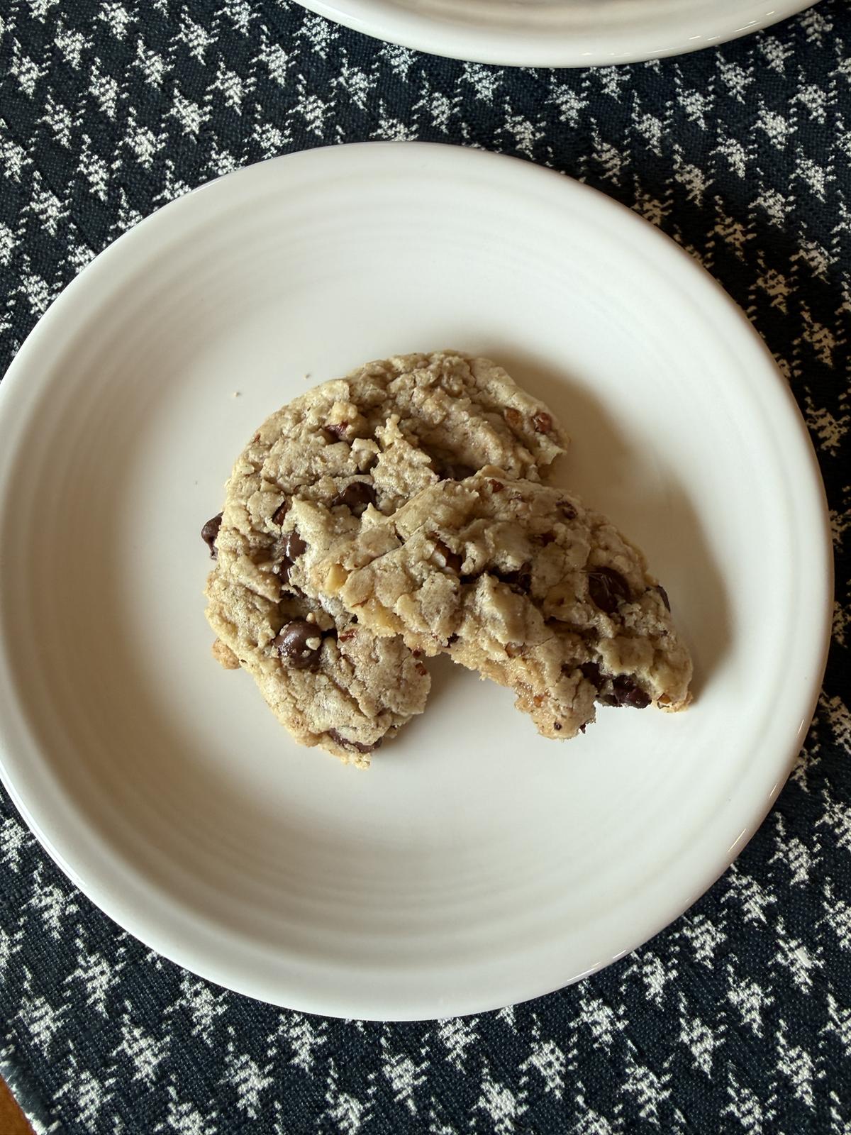 gluten free chocolate toffee cookies on white plate